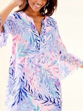 Lilly Pulitzer Silk Dress Elenora Kaleidoscope Coral Bell Sleeve XL